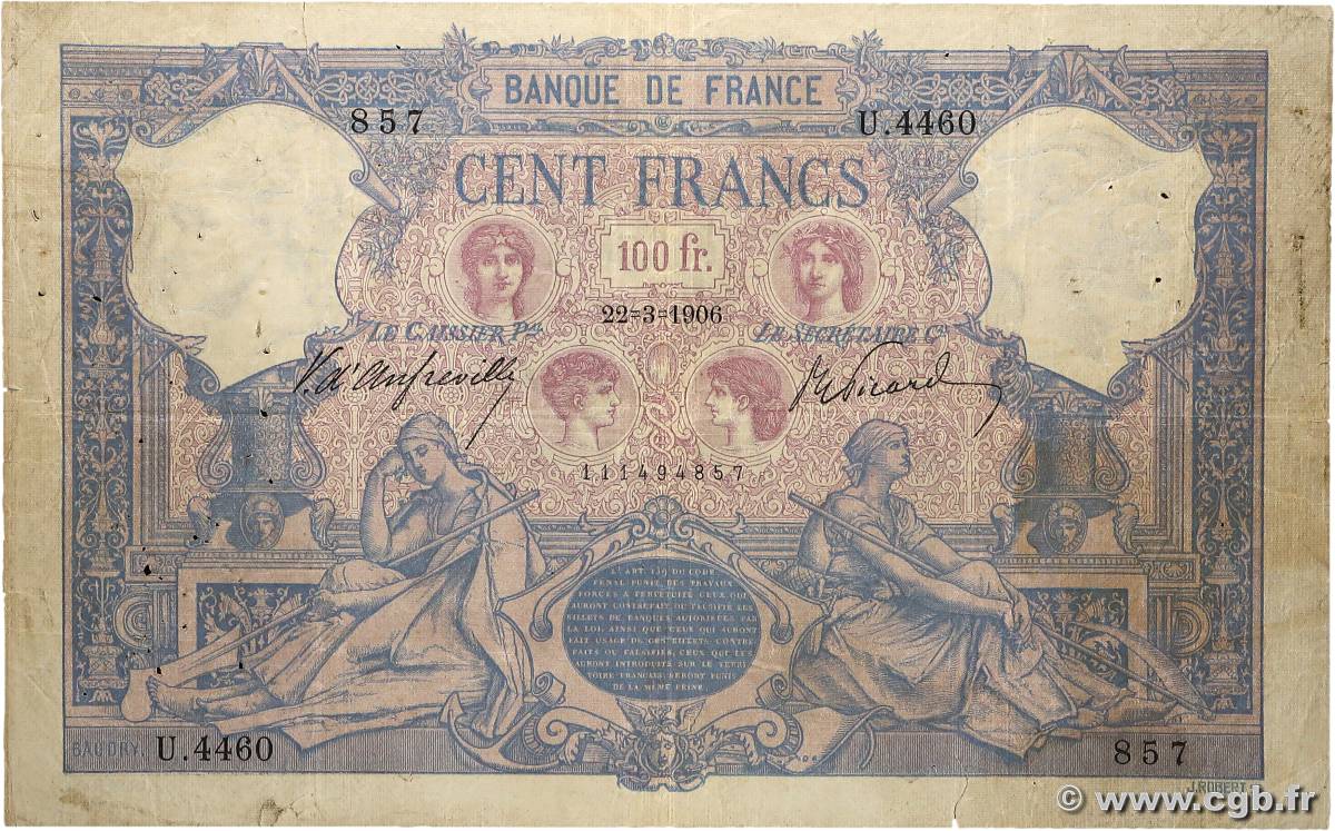 100 Francs BLEU ET ROSE FRANCE 1906 F.21.20 F