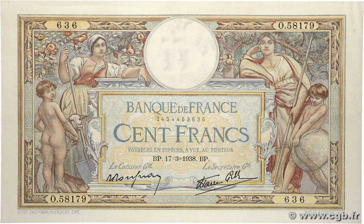 100 Francs LUC OLIVIER MERSON type modifié FRANCE  1938 F.25.13 XF