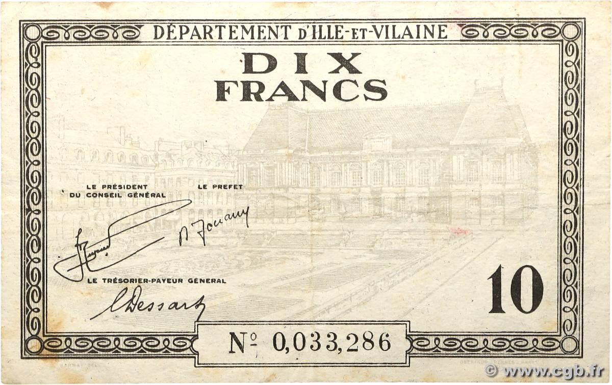 10 Francs FRANCE régionalisme et divers Rennes 1940 BU.75.01 TB+