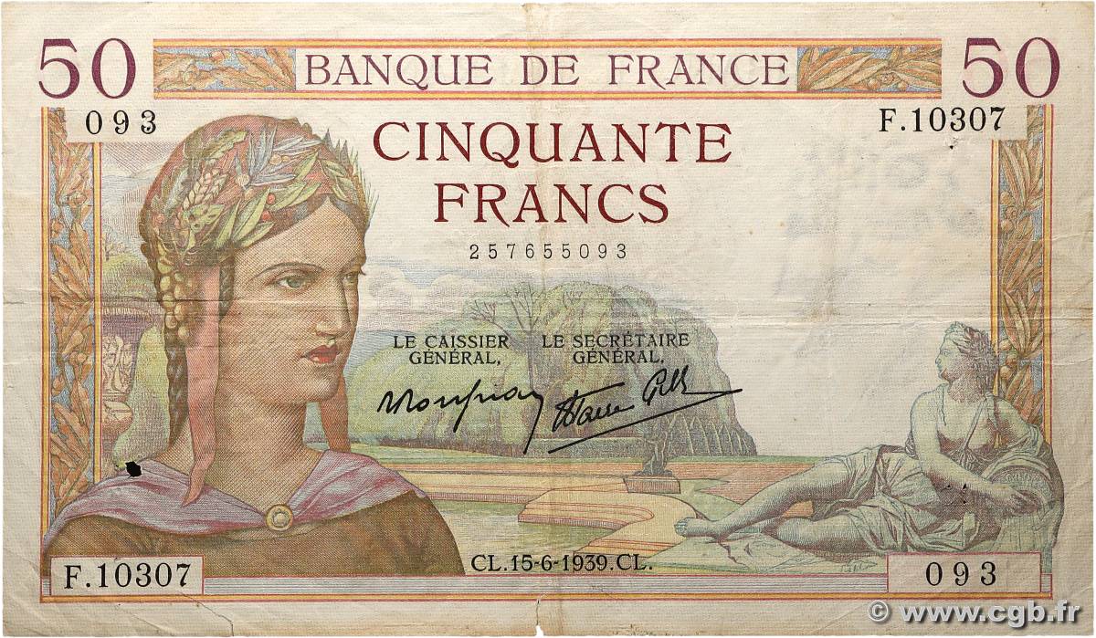 50 Francs CÉRÈS modifié FRANCE 1939 F.18.26 pr.TB