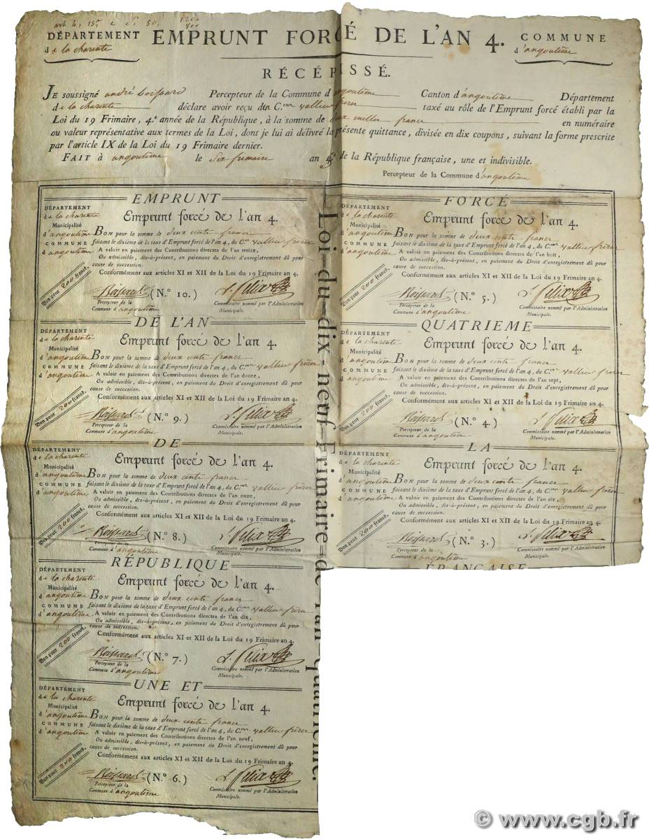 200 Francs Planche FRANCE Angoulême 1796 TTB