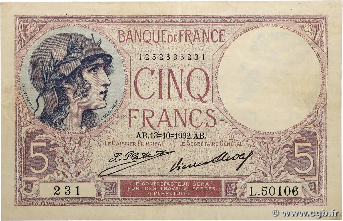 5 Francs FEMME CASQUÉE FRANCE 1932 F.03.16 TB+