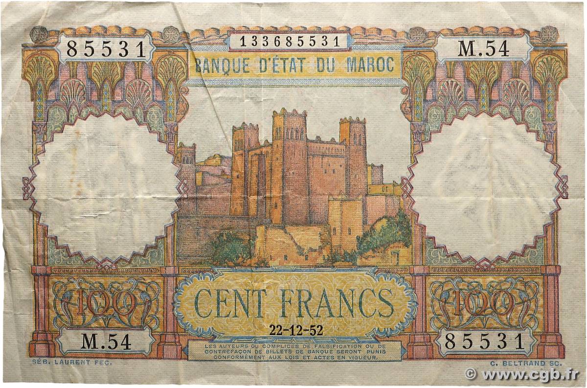 100 Francs MAROC 1952 P.45 TB