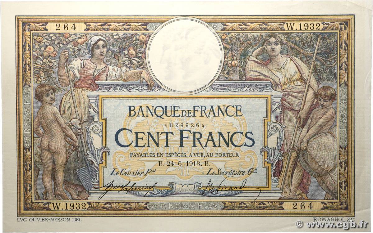 100 Francs LUC OLIVIER MERSON sans LOM FRANCE 1913 F.23.05 SUP