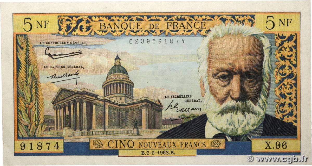 5 Nouveaux Francs VICTOR HUGO FRANCE 1963 F.56.13 SUP