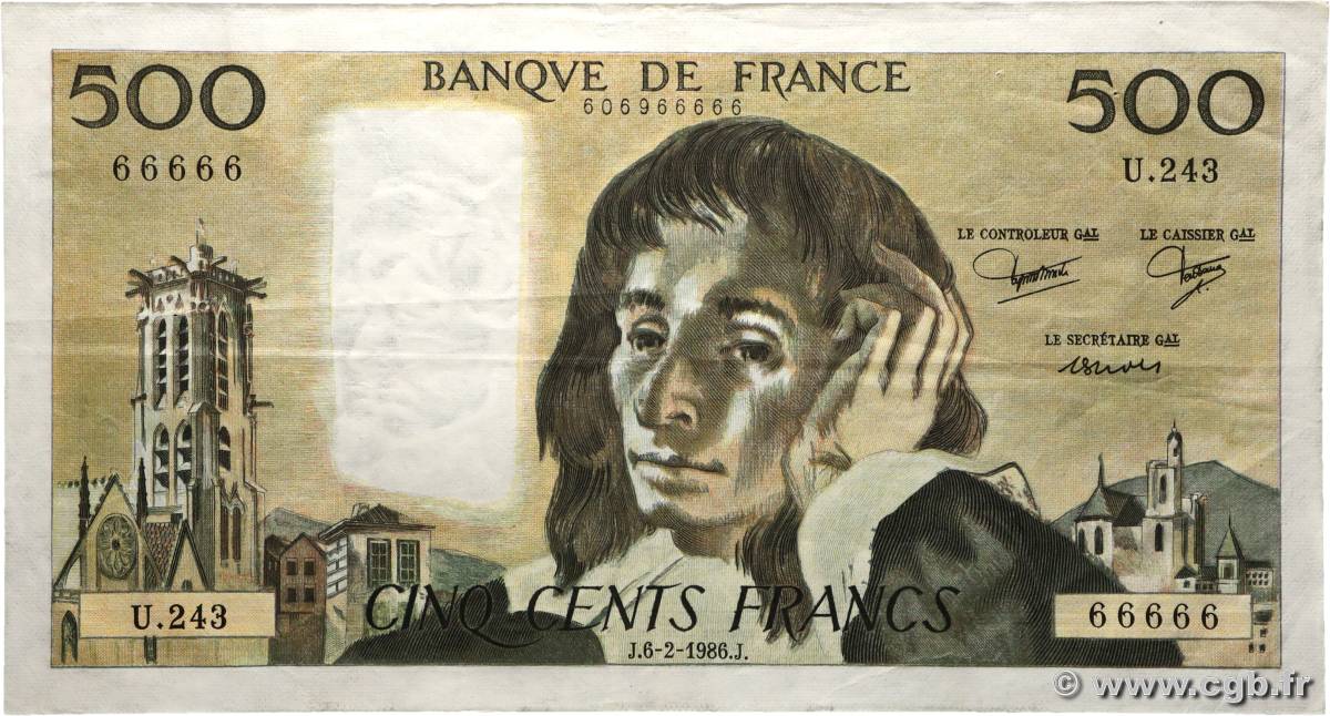 500 Francs PASCAL Numéro spécial FRANCE 1986 F.71.34 TTB