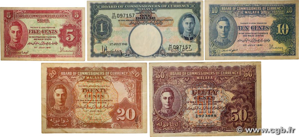 5 au 50 Cents et 1 Dollar Lot MALAYA  1941 P.07 au P.11 TB+