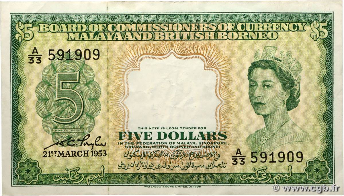 5 Dollars MALAISIE et BORNEO BRITANNIQUE  1953 P.02a TTB
