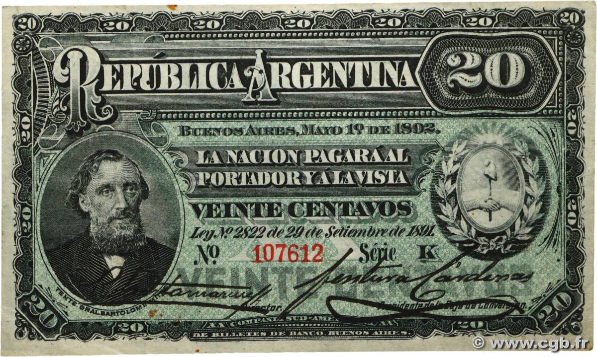20 Centavos ARGENTINE  1892 P.215 TTB+