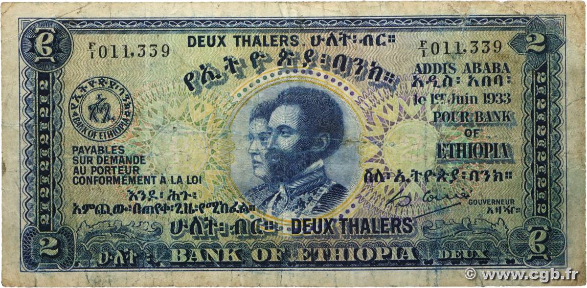 2 Thalers ETHIOPIA  1933 P.06 VG