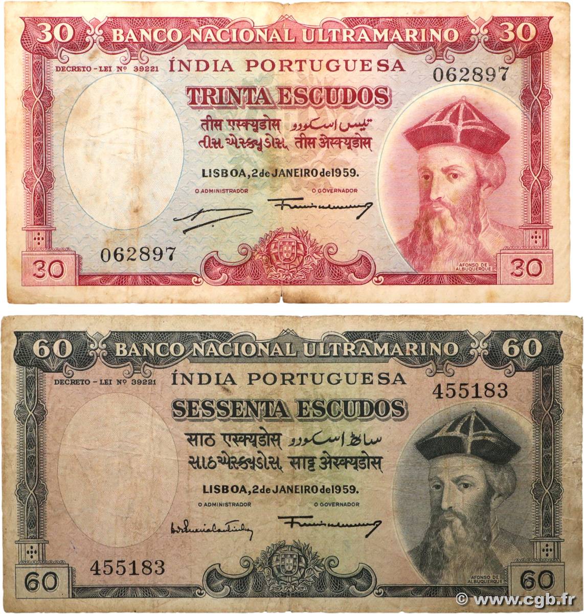 30 Escudos Lot PORTUGIESISCH-INDIEN 1959 P.041 et P.042 SGE