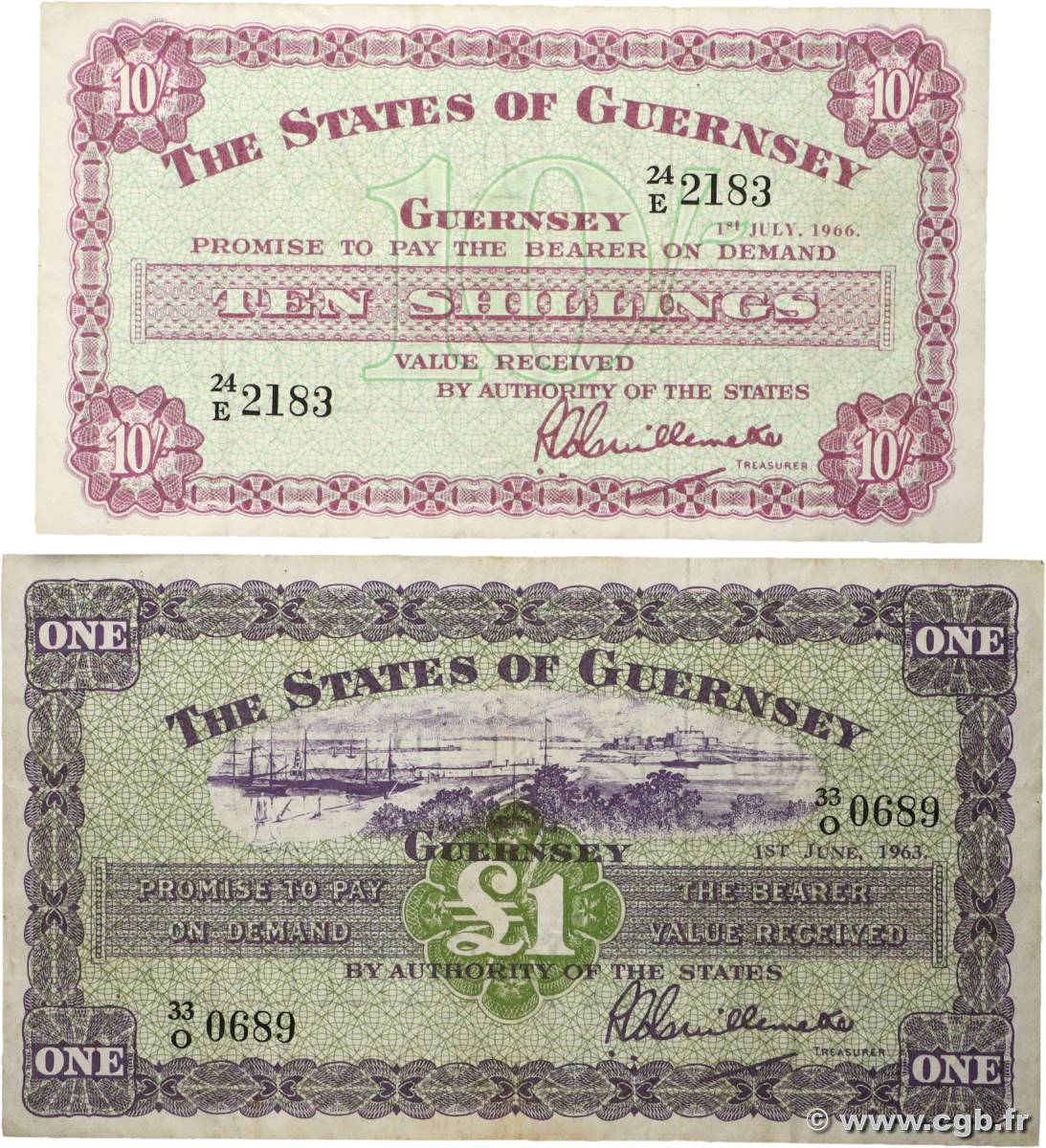 10 Shillings et 1 Pound Lot GUERNSEY  1963 P.42c et P.43b F