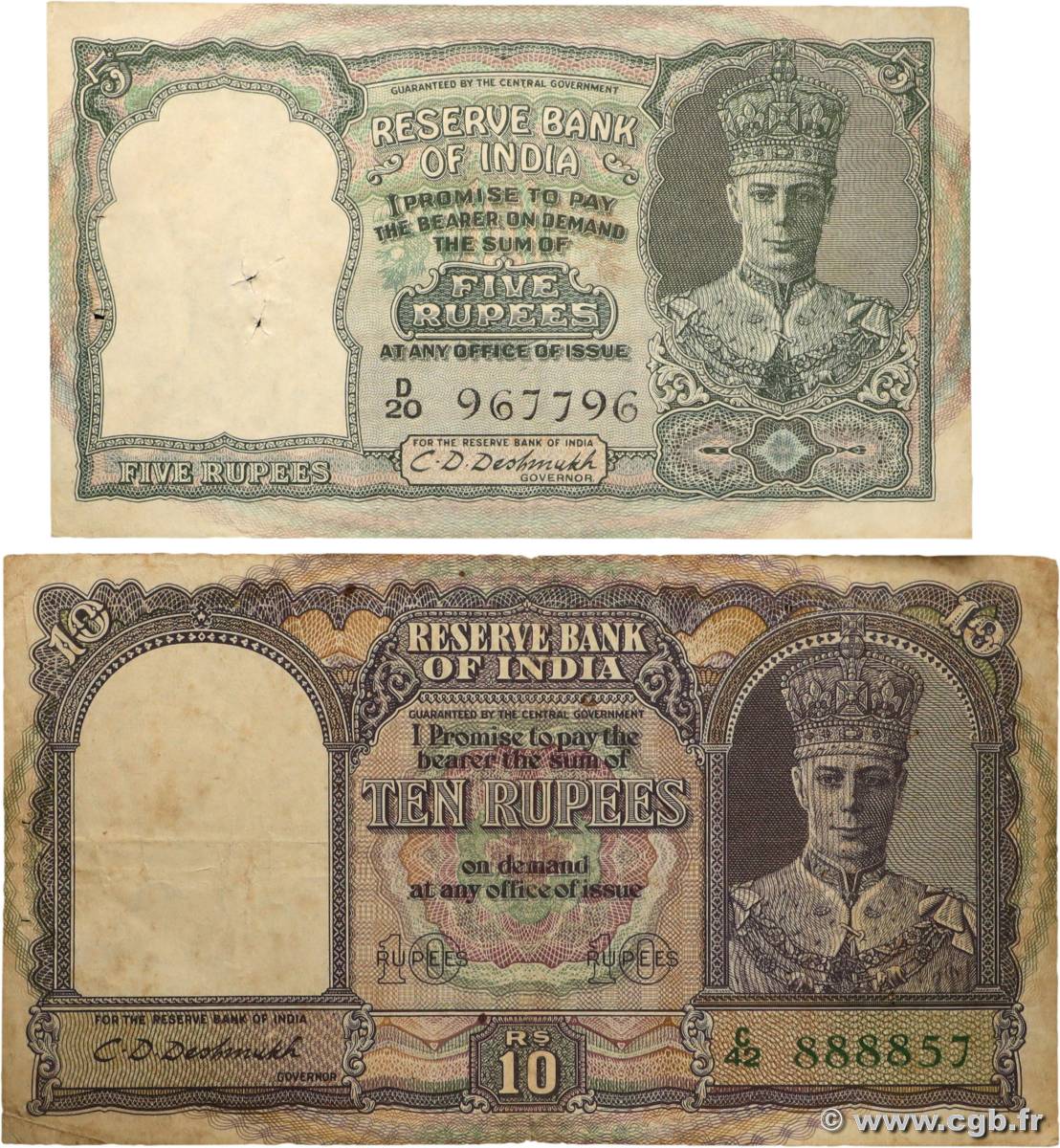 5 et 10 Rupees Lot INDE  1943 P.023a et P.024 pr.TB