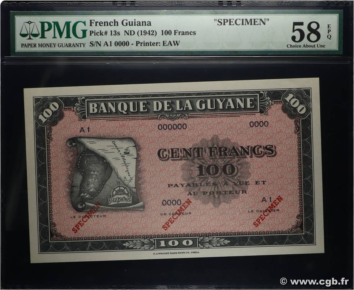 100 Francs Spécimen GUYANE  1942 P.13s SPL