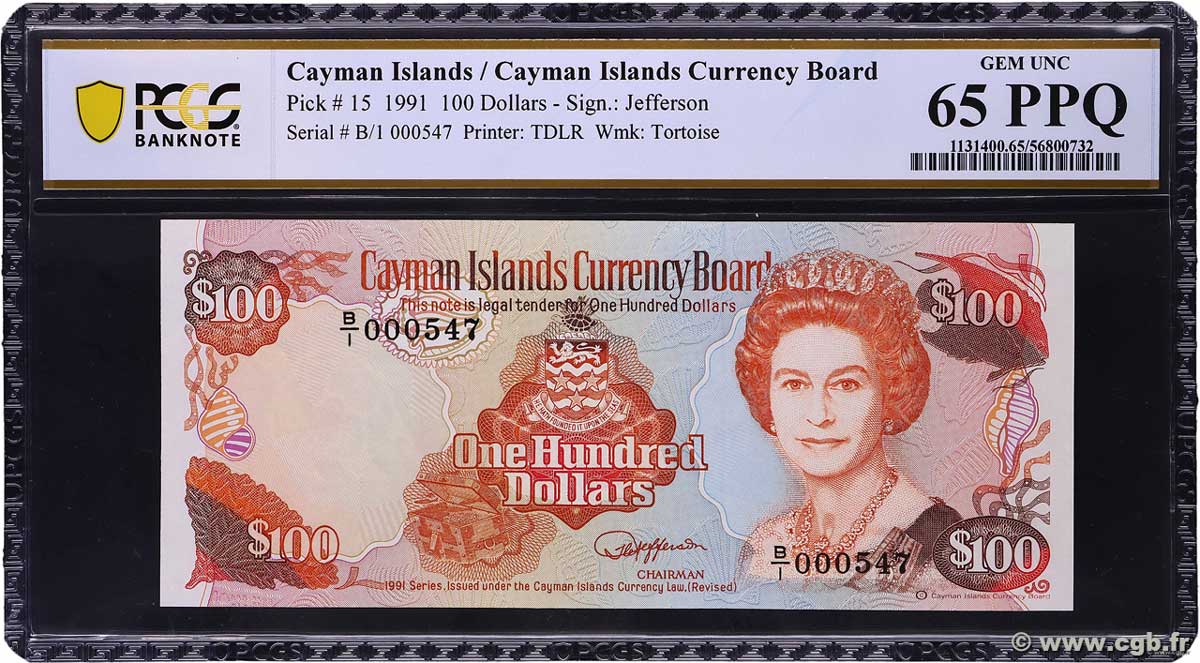 100 Dollars Petit numéro ÎLES CAIMANS 1991 P.15 NEUF