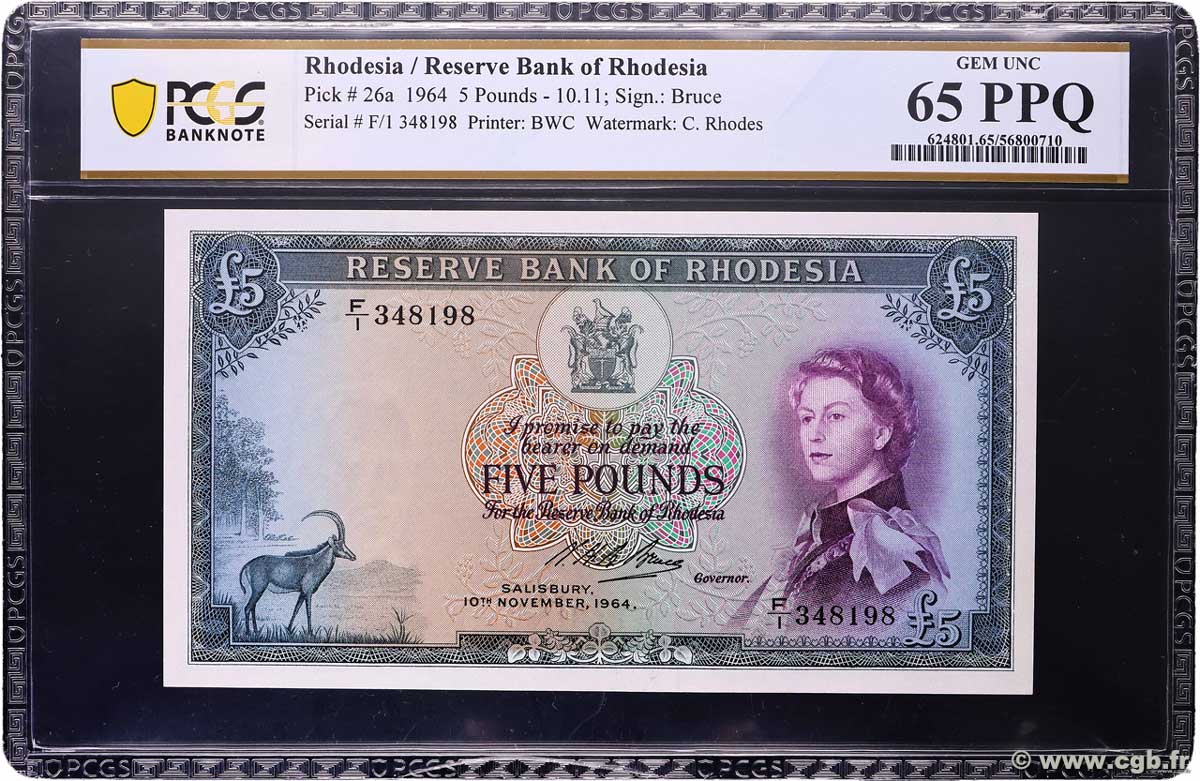 5 Pounds RHODÉSIE 1964 P.26a NEUF