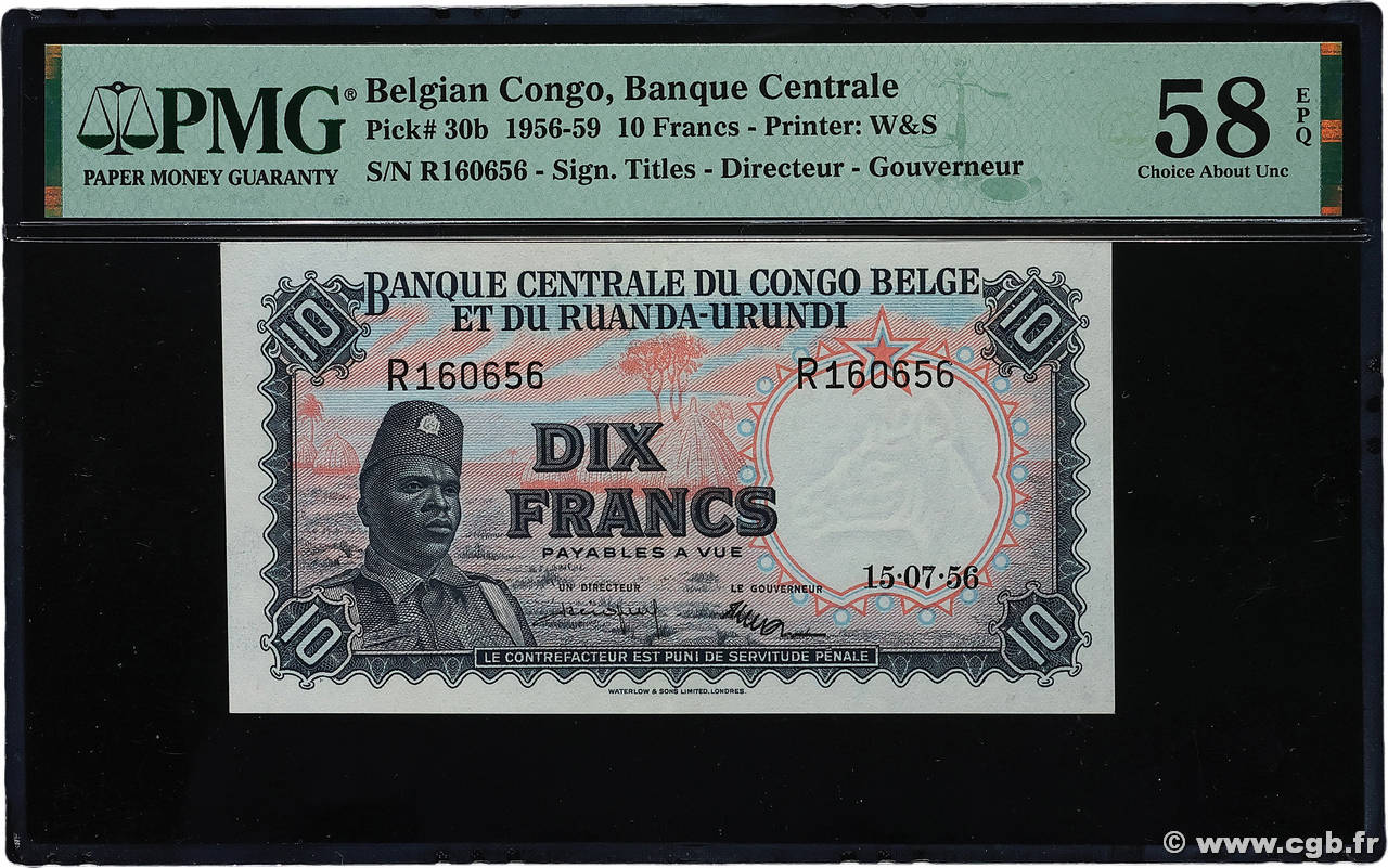 10 Francs CONGO BELGE 1956 P.30b SPL