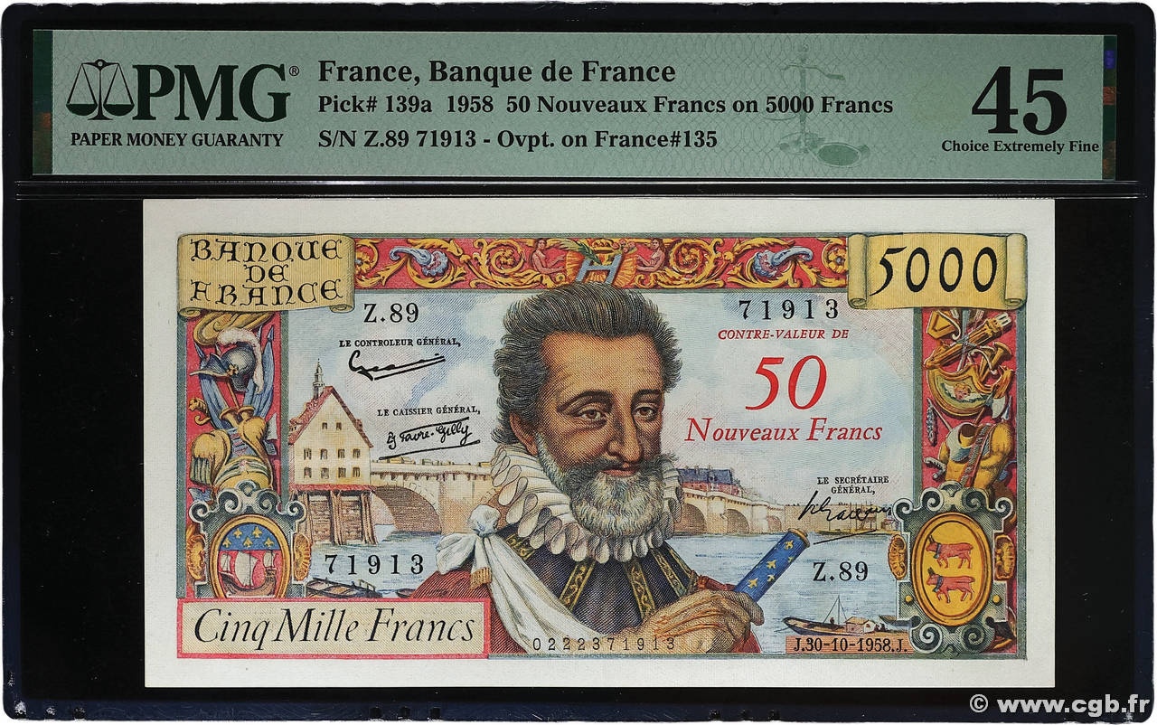 50 NF sur 5000 Francs HENRI IV FRANCIA 1958 F.54.01 EBC