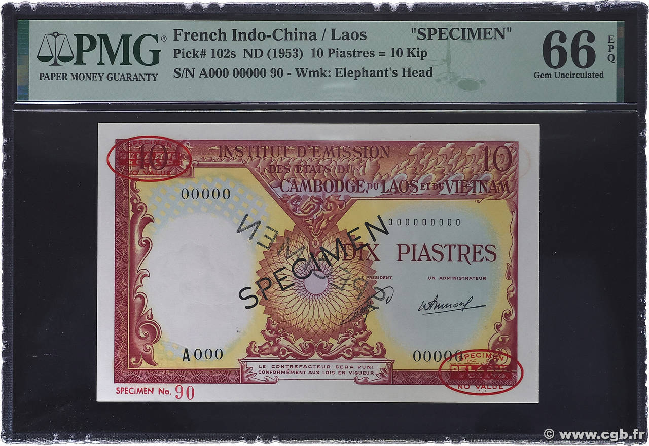 10 Piastres - 10 Kip Spécimen INDOCHINE FRANÇAISE 1953 P.102s NEUF