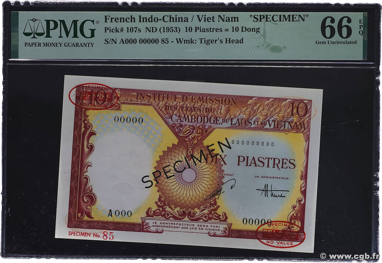 10 Piastres - 10 Dong Spécimen INDOCHINE FRANÇAISE 1953 P.107s NEUF