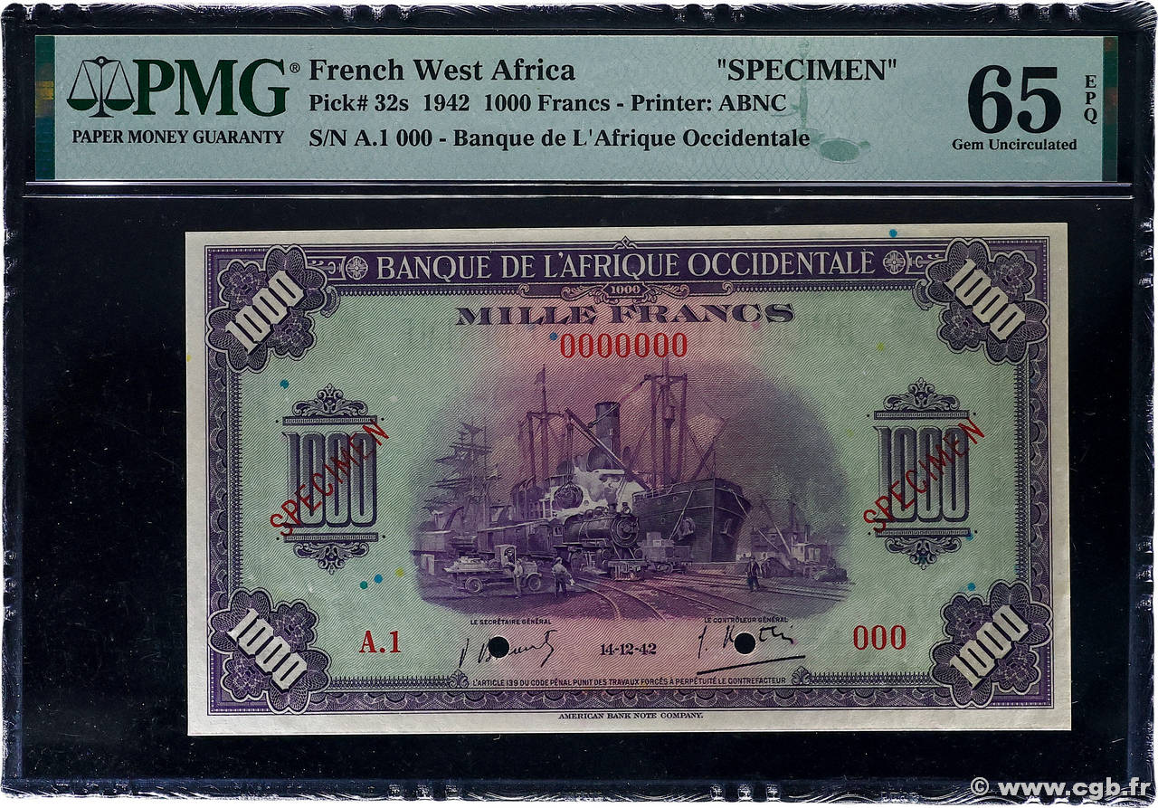 1000 Francs Spécimen FRENCH WEST AFRICA 1942 P.32s ST