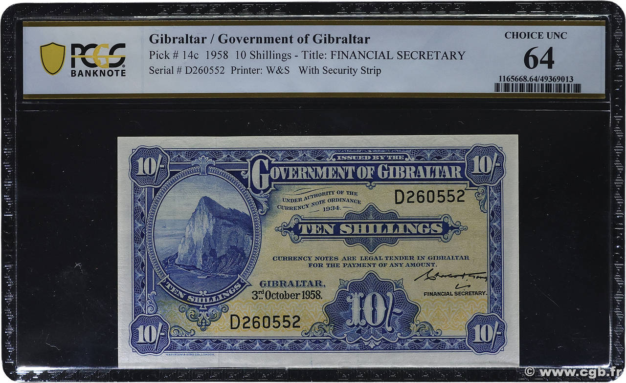 10 Shillings GIBRALTAR 1958 P.14c pr.NEUF