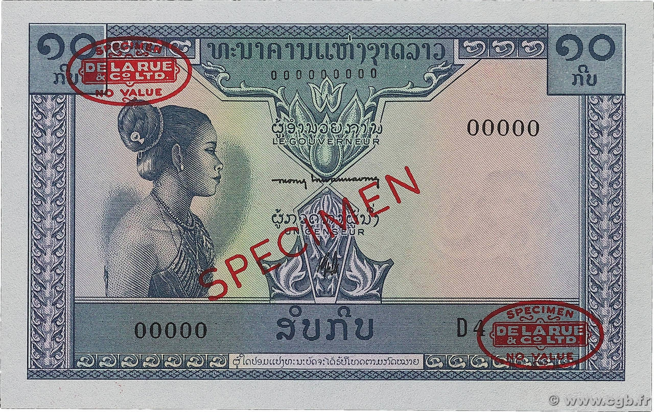 10 Kip Spécimen LAOS 1962 P.10s1 NEUF
