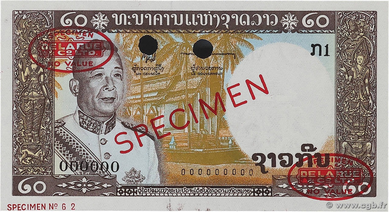 20 Kip Spécimen LAOS 1963 P.11s1 NEUF