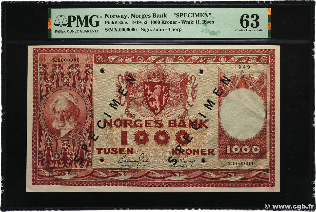 1000 Kroner Spécimen NORVÈGE 1949 P.35as pr.NEUF