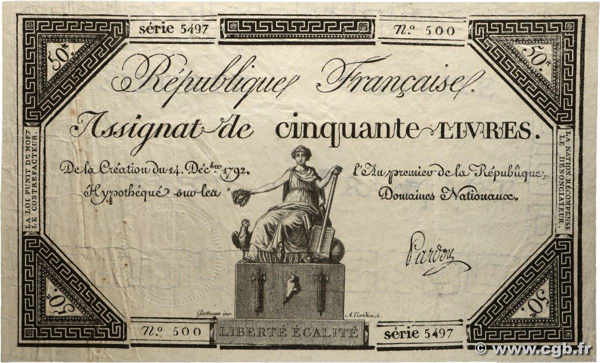 50 Livres FRANKREICH 1792 Ass.39a fVZ