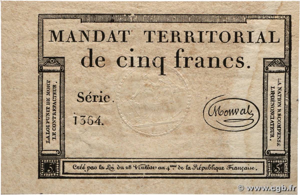5 Francs Monval sans cachet FRANCE 1796 Ass.63a XF+