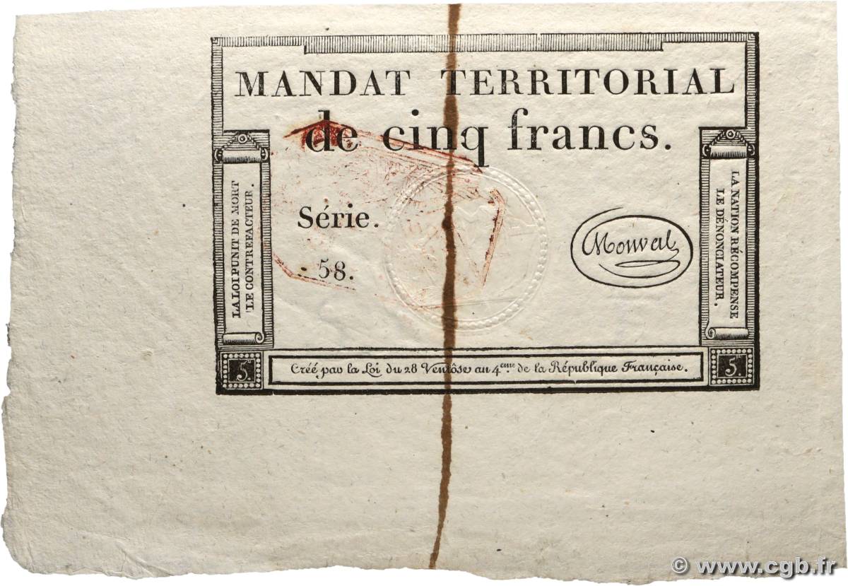 5 Francs Monval cachet rouge FRANCE 1796 Ass.63c UNC-