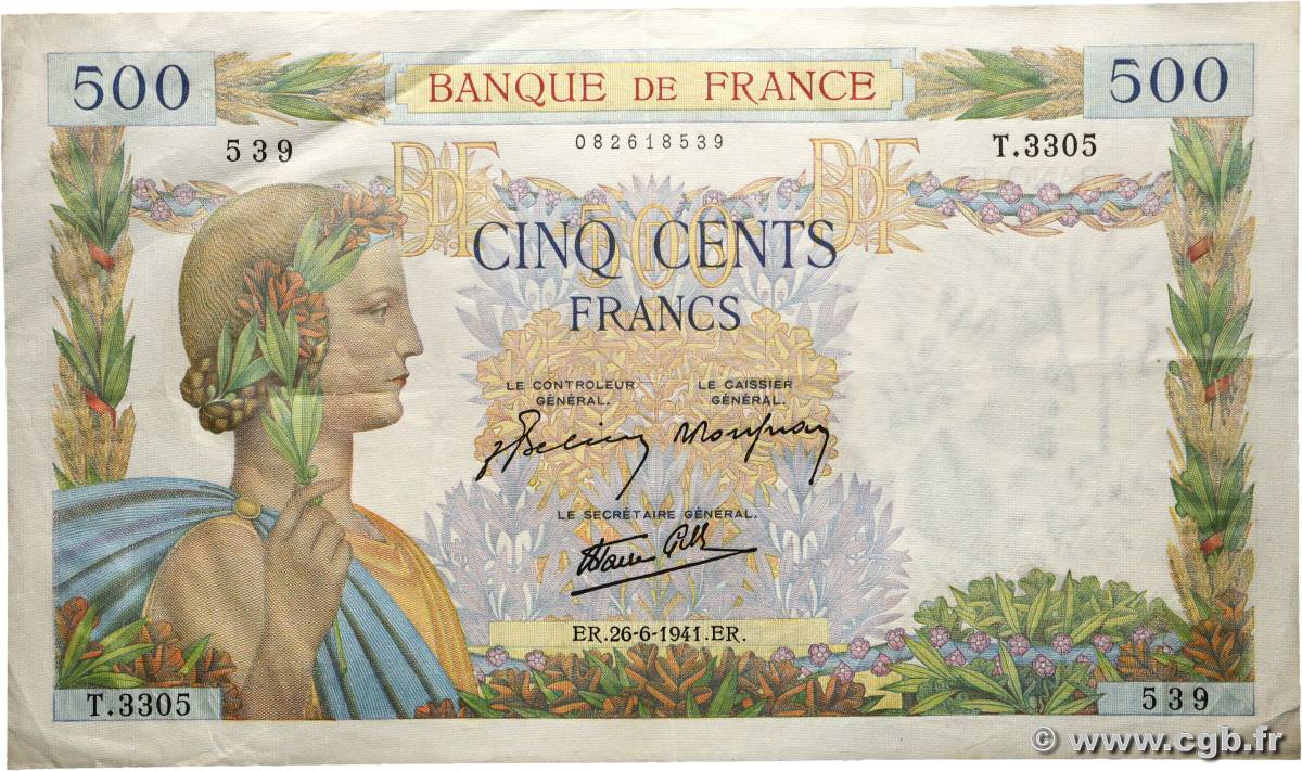 500 Francs LA PAIX FRANCE 1941 F.32.19 TTB