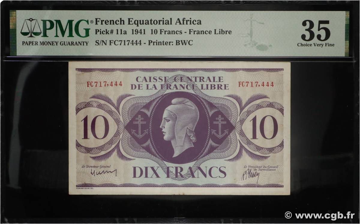 10 Francs Marianne CCFL AFRIQUE ÉQUATORIALE FRANÇAISE  1944 A.119b VF+