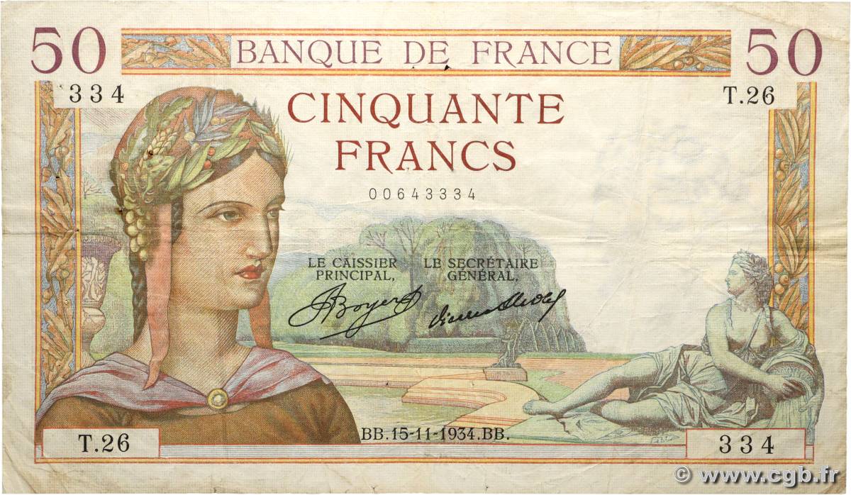 50 Francs CÉRÈS FRANCE  1934 F.17.01 TB