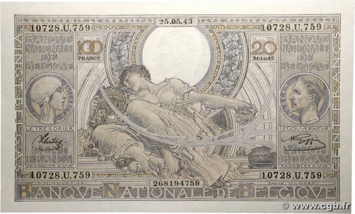 100 Francs - 20 Belgas BELGIUM  1943 P.107 UNC-