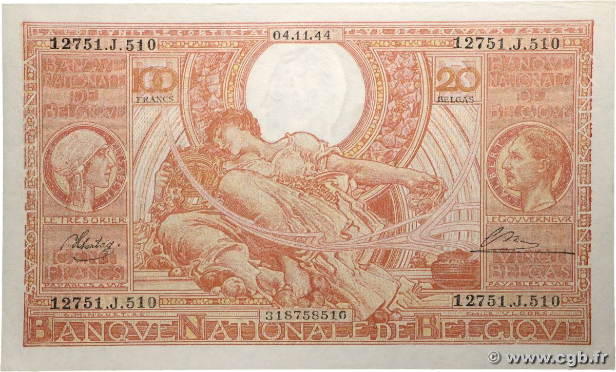 100 Francs - 20 belgas BELGIUM  1944 P.113 UNC-