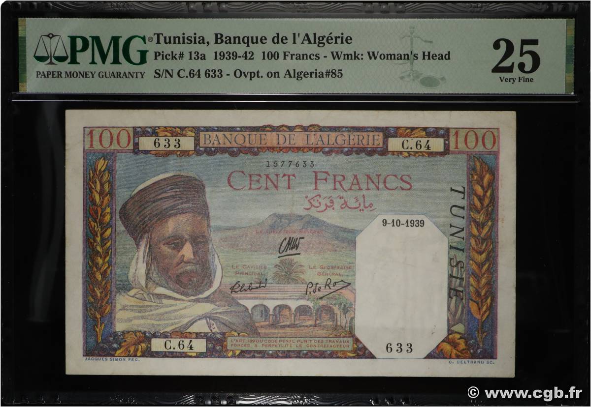 100 Francs TUNISIE 1939 P.13a TTB
