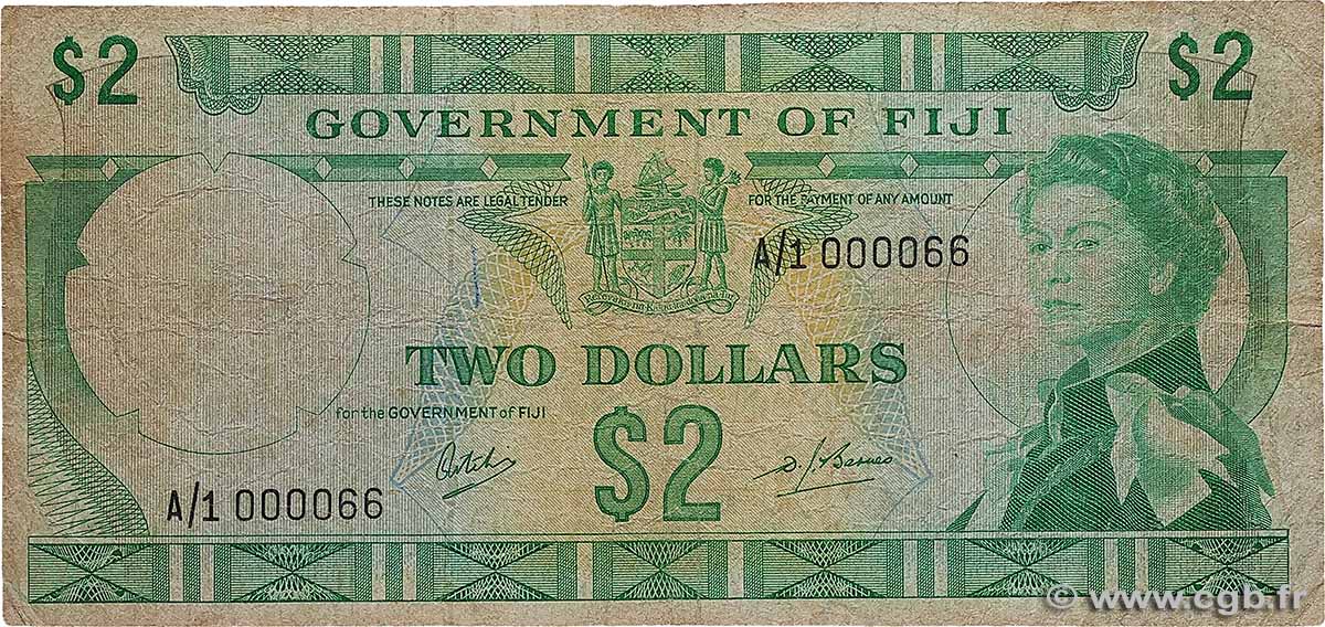 2 Dollars Petit numéro FIJI  1968 P.060a VG