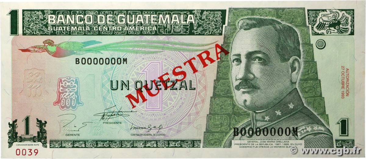 1 Quetzal Spécimen GUATEMALA  1993 P.087s NEUF