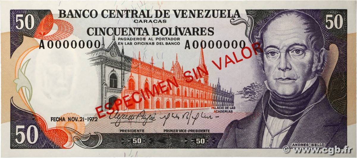 50 Bolivares Spécimen VENEZUELA 1972 P.054s1 NEUF
