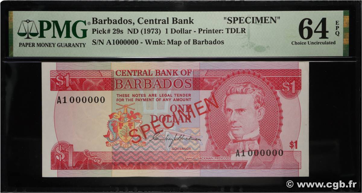 1 Dollar Spécimen BARBADE  1973 P.29s pr.NEUF