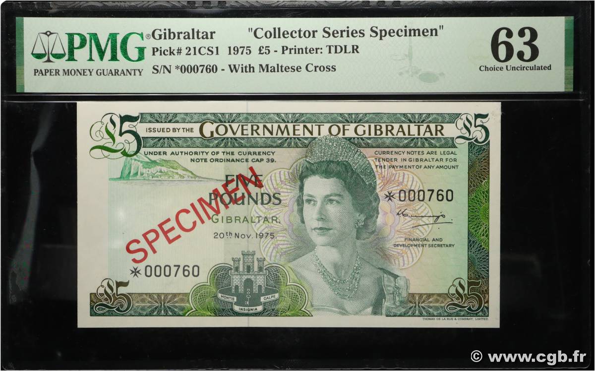 5 Pounds Spécimen GIBRALTAR  1975 P.21Cs1 pr.NEUF
