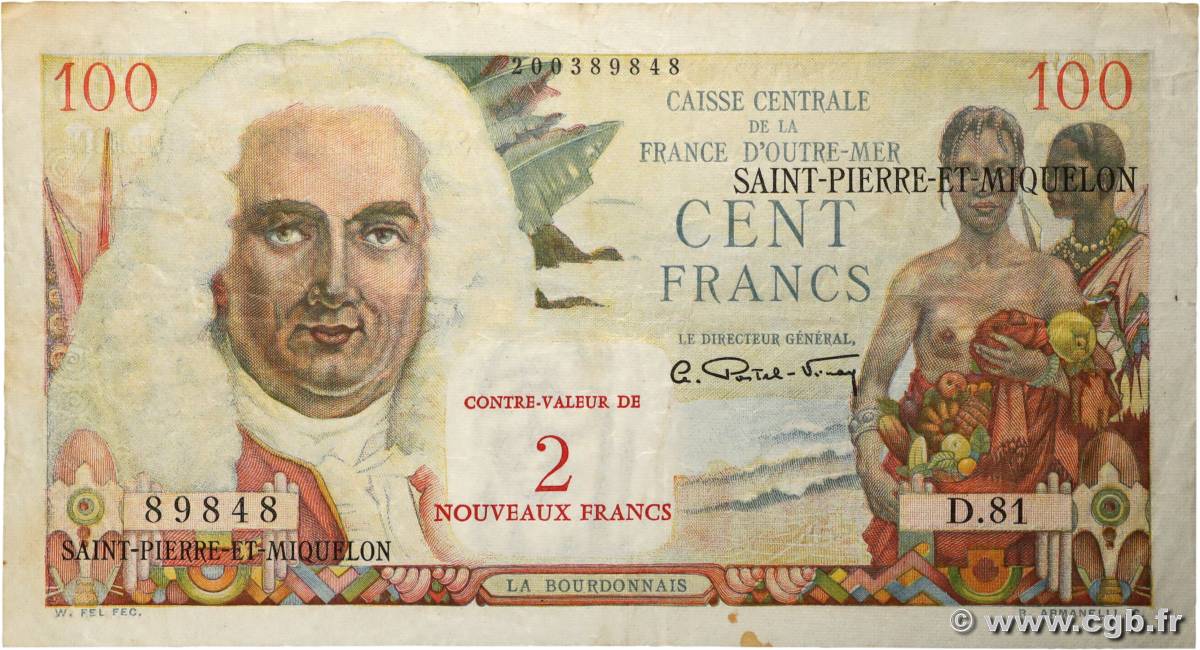 2 NF sur 100 Francs La Bourdonnais SAINT PIERRE ET MIQUELON  1960 P.32 TB