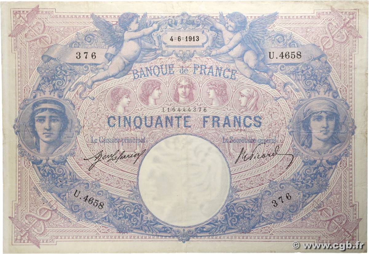 50 Francs BLEU ET ROSE FRANKREICH 1913 F.14.26 fSS