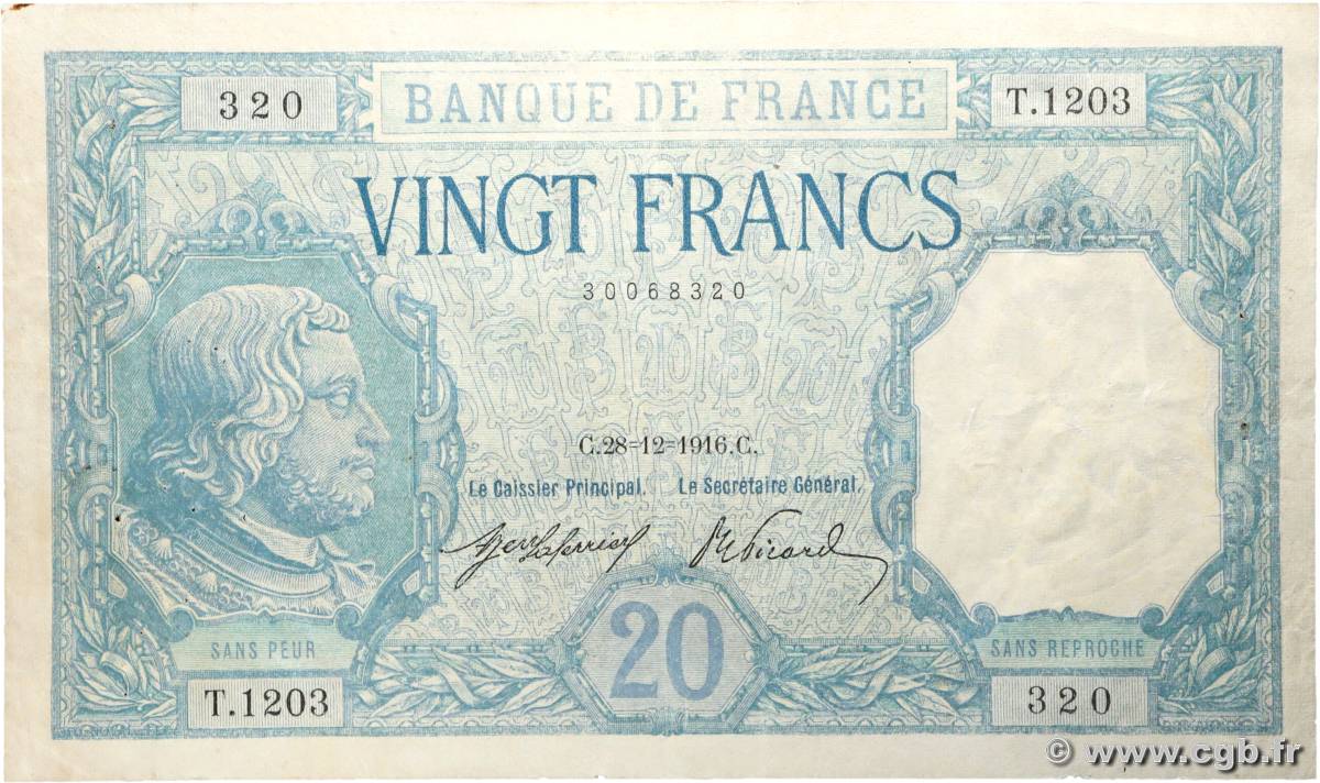 20 Francs BAYARD FRANCE  1916 F.11.01 TTB