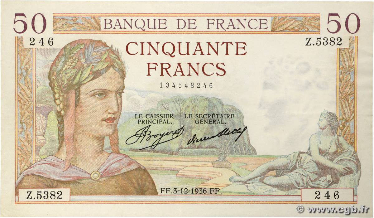 50 Francs CÉRÈS FRANCE 1936 F.17.32 pr.SUP