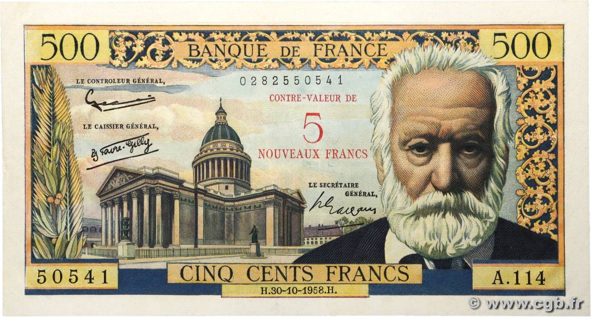5 NF sur 500 Francs Victor HUGO FRANCE 1958 F.52.01 XF