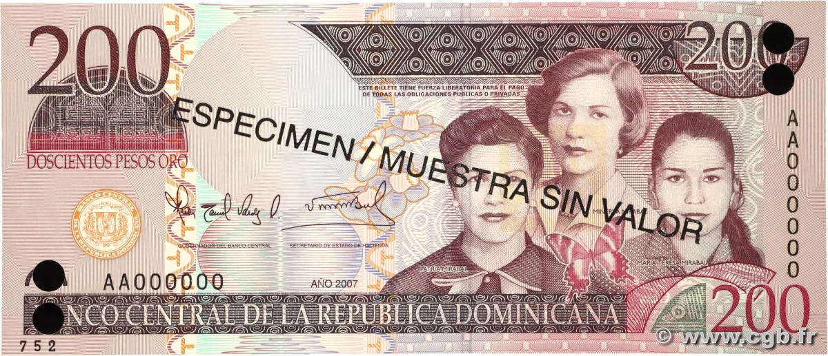 200 Pesos Oro Spécimen RÉPUBLIQUE DOMINICAINE  2007 P.178s NEUF