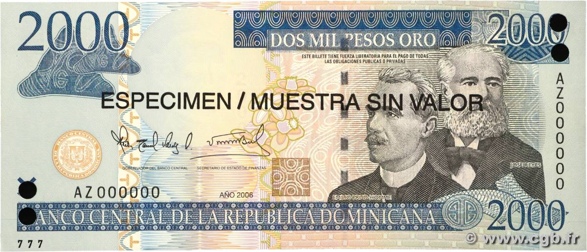 2000 Pesos Oro Spécimen RÉPUBLIQUE DOMINICAINE 2006 P.181s1 UNC-